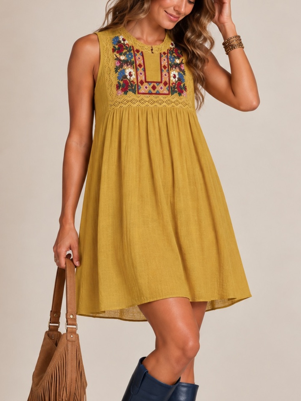 🌼 JODIFL Mustard Embroidered Cotton Babydoll Dress Small Boho Folk Floral